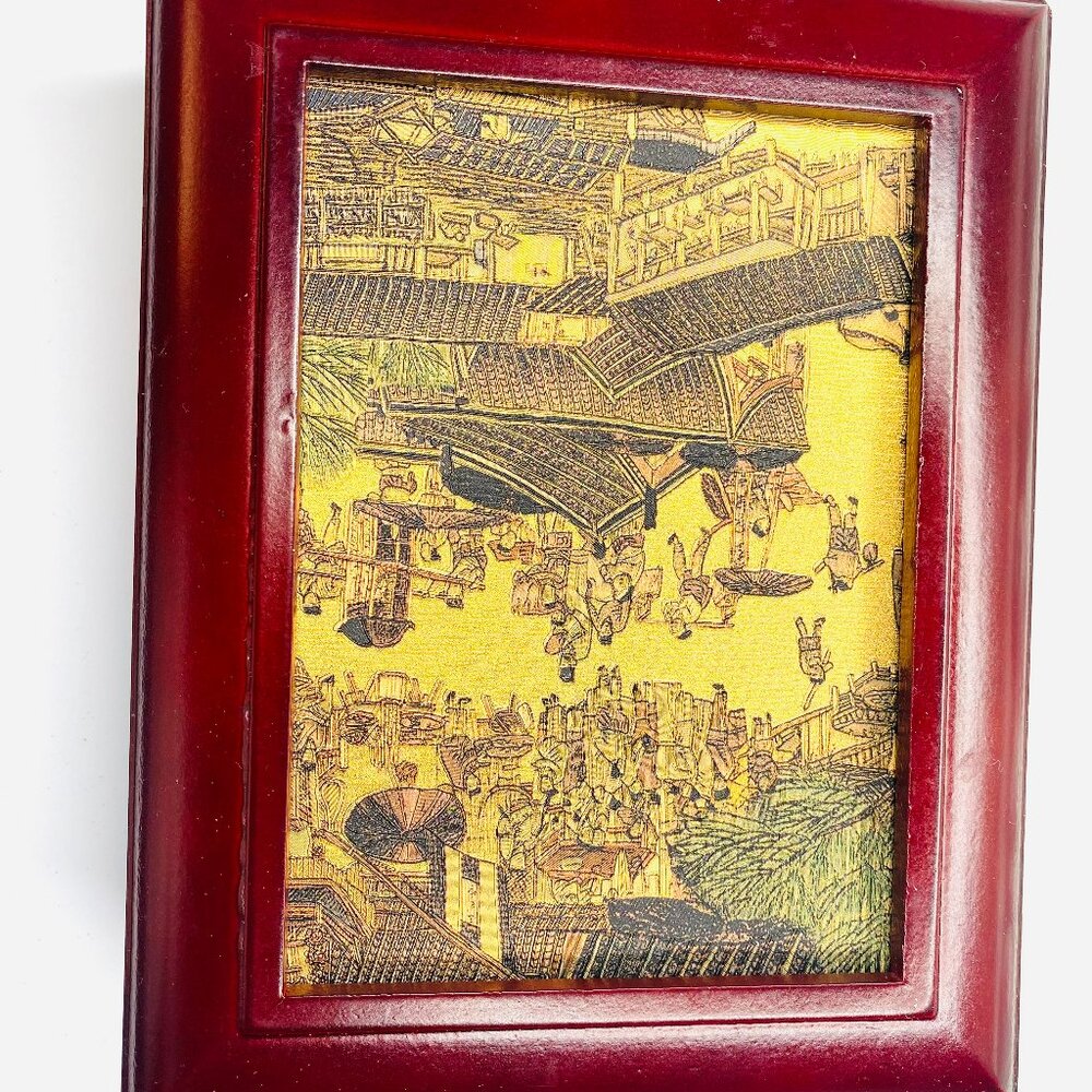 Handcrafted Asian Style Jewelry Box Red Wood Finish Decoupage Art